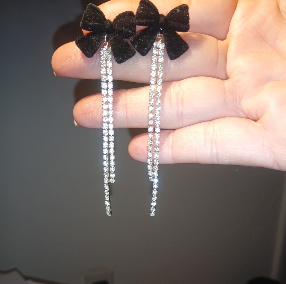 Black Velvet Bow & Rhinestone Dangle Earrings - Long Tassel Sparkle Statement